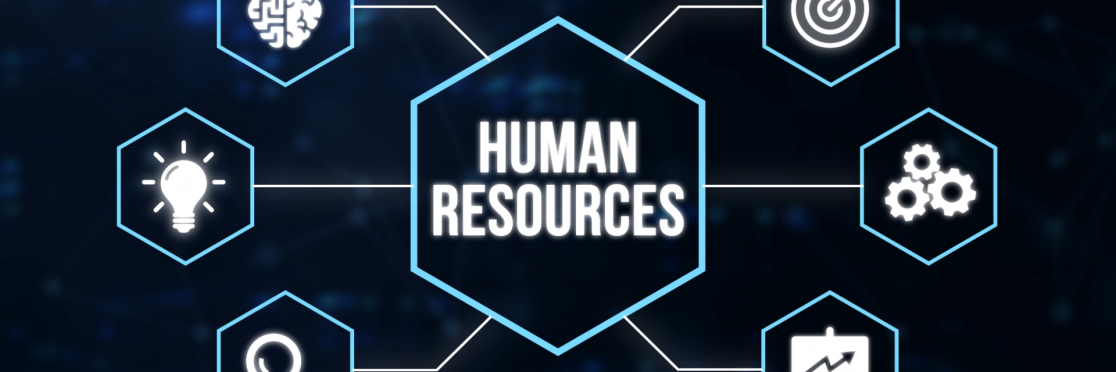 Grafik mit zentralem Begriff 'Human Resources' und Symbolen für Strategie, Innovation, Analyse, Zielorientierung und Effizienz – visualisiert unsere HR-Dienstleistungen